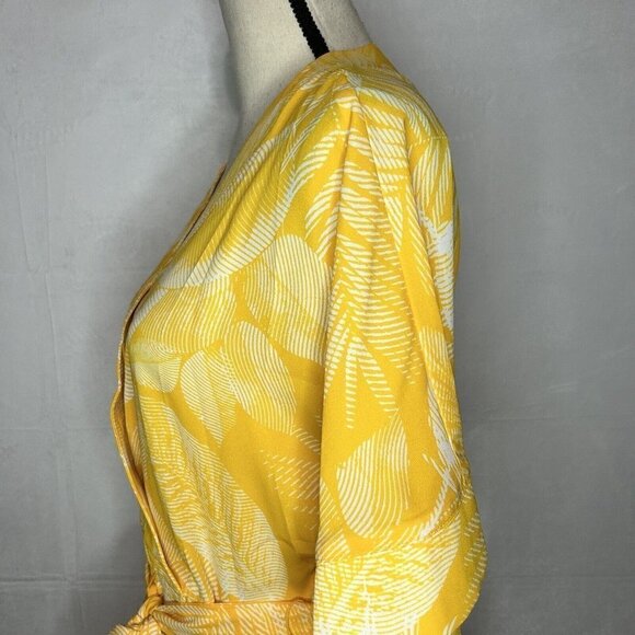 Worthington Blouse Womens Sash Tie Waist Faux Wrap Yellow White Sz M - Picture 5 of 8